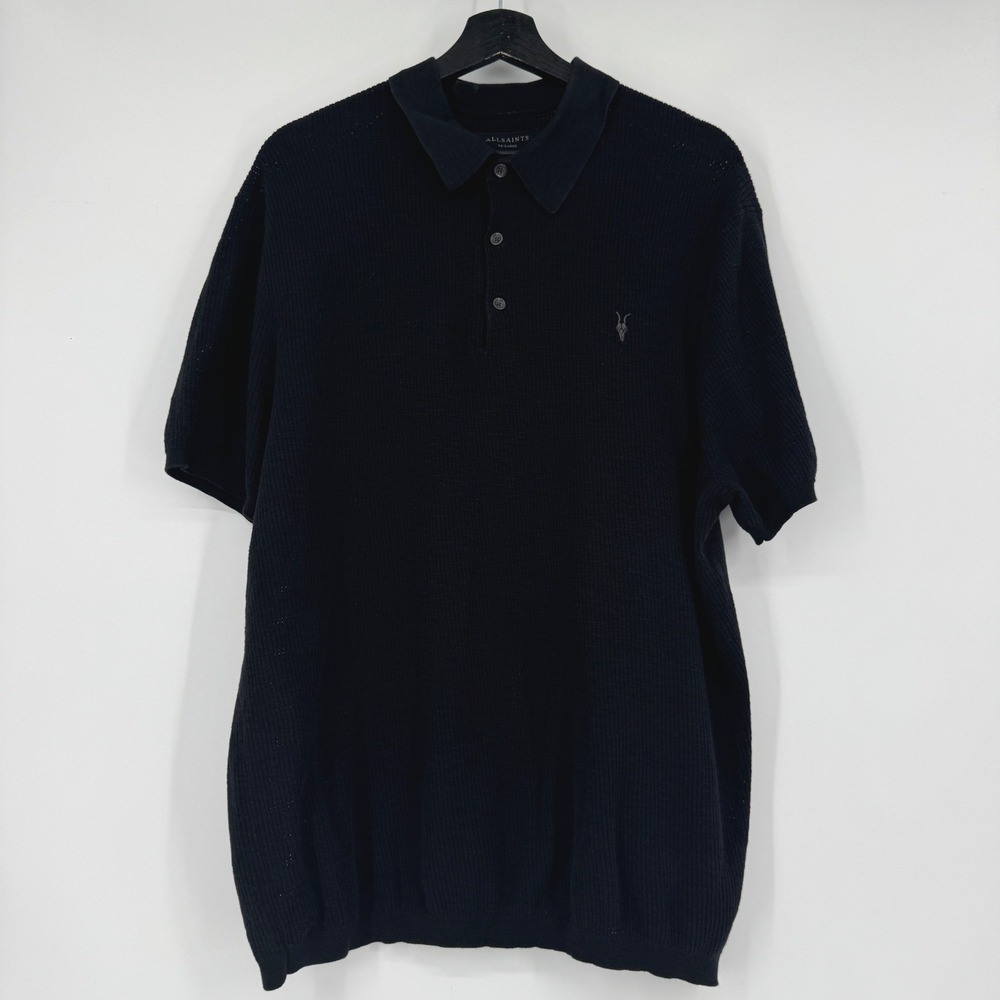 AllSaints Aubrey SS Polo Shirt Mens XXL Black Cotton Knit M020KA - Picture 1 of 9
